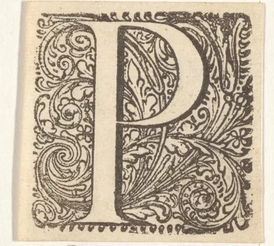 Letter P in een geornamenteerde omlijsting