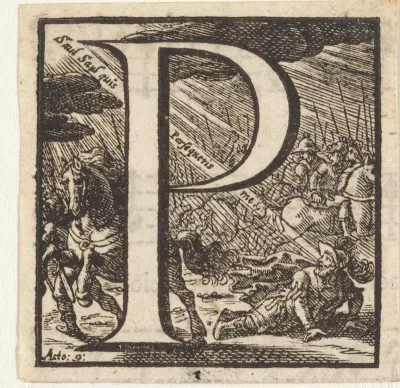 Letter P in een omlijsting met een voorstelling van Paulus die verblind wordt door de verschijning van Christus onderweg naar Damascus