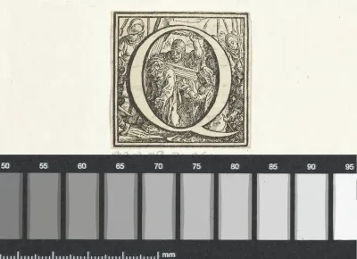 Letter Q in een omlijsting met een voorstelling van de ontmoeting van Christus met Veronica tijdens de kruisdraging