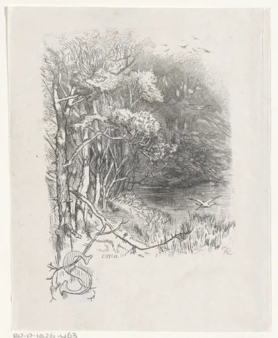 Letter S en een landschap met een vliegende ooievaar
