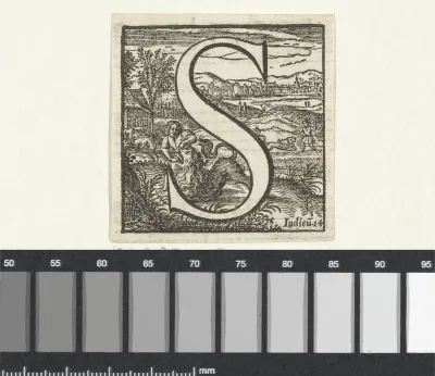 Letter S in een omlijsting met een voorstelling van Simson die met zijn blote handen de leeuw doodt