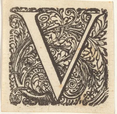 Letter V in een geornamenteerde omlijsting