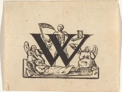 Letter W met de Dood en twee treurende engelen bij een opgebaard lichaam