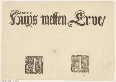 Letters I en J in een geornamenteerde omlijsting en de tekst 'Huys metten Erve'