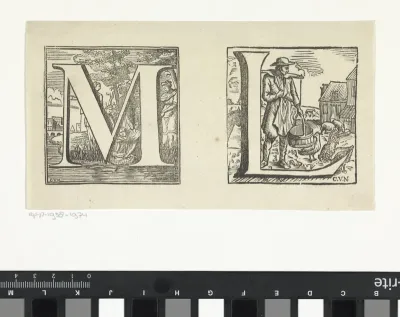 Letters M en L in omlijstingen met een voorstelling van Mozes die gevonden wordt door de dochter van de farao en een boer die zijn beesten voert