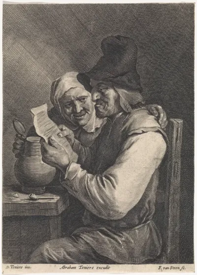 Lezende boer met vrouw met kruik
