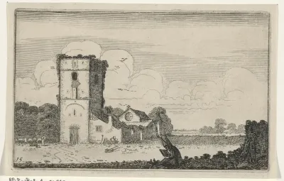 Lezende kloosterlingen bij een vervallen kerkgebouw