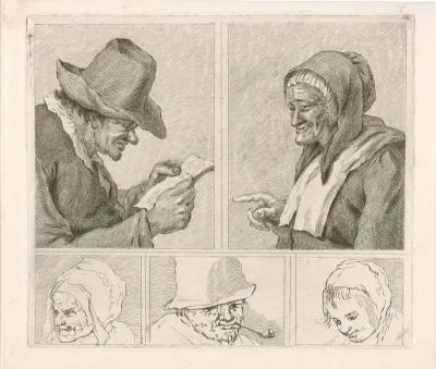 Lezende man en oude vrouw en drie koppen
