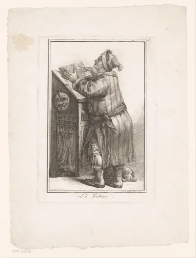 Lezende man met een hond voor een lezenaar