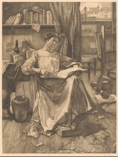 Lezende vrouw in atelier