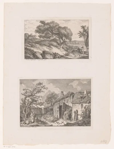 Lezende vrouw in een landschap en vrouw bij een waterput