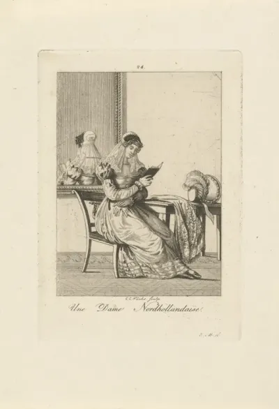 Lezende vrouw in klederdracht uit Noord-Holland