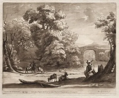 Liber Veritatis:  No. 39, A Landscape with Herdsman Playing a Bagpipe and Goats Browsing