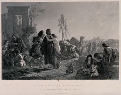 Liberation of Jewish slaves: a woman and a young man embrace a bearded man dressed in robes, others travel on the road with camels
