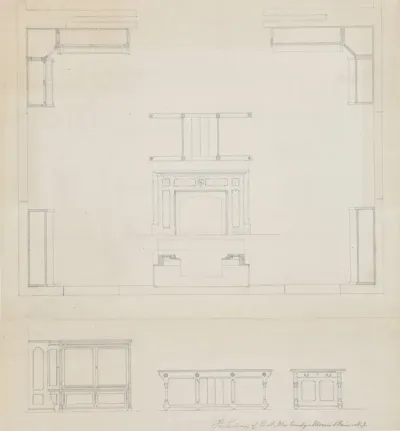 Library for R.A. McCurdy, Morris Plaines, New Jersey, Elevations of Mantel and Furniture