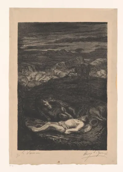 Lichaam van een man in een landschap met paarden