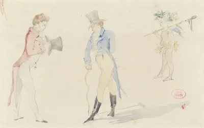 Licht schetsblad met twee elkaar ontmoetende dandies en een ballet-amour