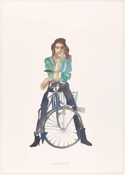Lidy Six leunend op een fiets