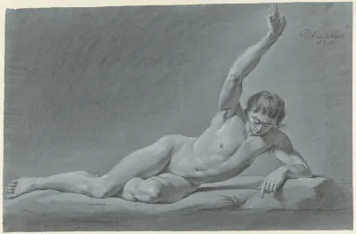 Liggend mannelijk naakt met geheven arm