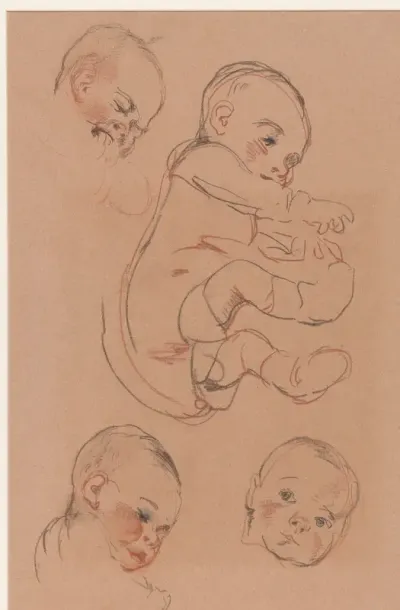 Liggende baby en drie hoofden van een baby