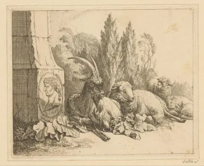 Liggende geit en drie schapen bij voet van obelisk met buste van romeinse keizer