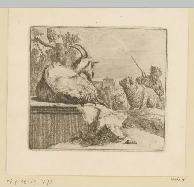 Liggende geit en een herder met twee schapen