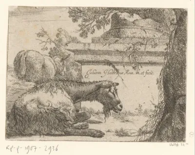 Liggende geit en schaap bij een antieke ruïne