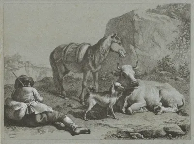 Liggende herder met paard, koe en hond