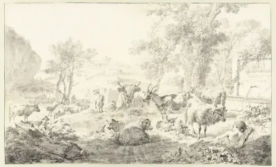 Liggende herderin met een kudde schapen en geiten