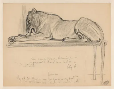 Liggende leeuwin op een tafel
