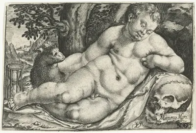 Liggende putto met zandloper en schedel