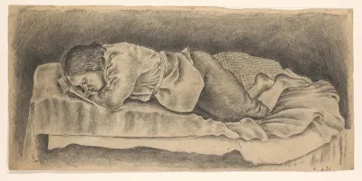 Liggende, slapende vrouw met het hoofd op een boek