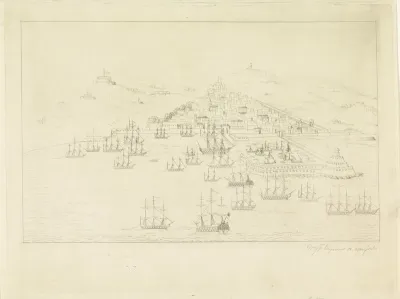 Ligging van de Britse en de Nederlandse schepen tijdens het bombardement van Algiers, 1816