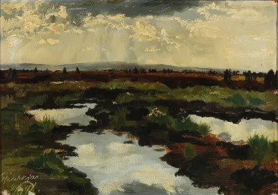 Light breaking through the clouds over a heath landscape
