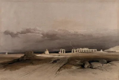Lightning over the ruins at Memnonium at Thebes, Egypt