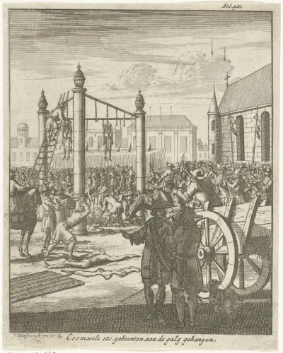Lijk van Oliver Cromwell postuum geëxecuteerd en aan de galg gehangen op 30 januari 1661