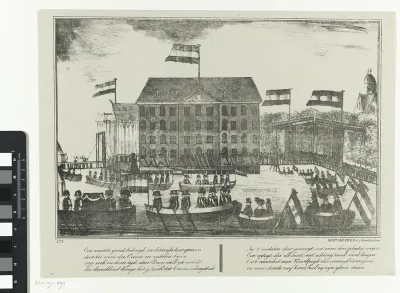 Lijkvaart van Jan van Speyk langs het Magazijn der Marine, 1832