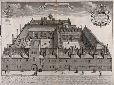 Lincoln College, Oxford: bird's-eye view with coat of arms