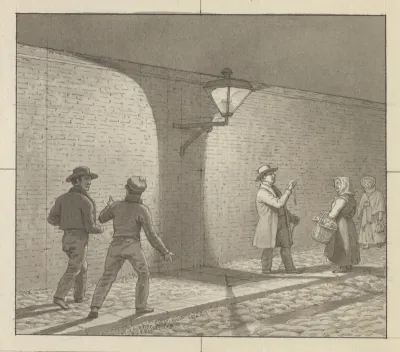 Linearperspectiven anvendt paa malerkunsten, Tavle VIII, fig. 1 - Natlig færden under gadelygten.