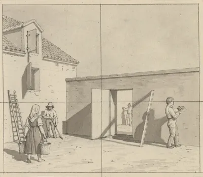 Linearperspectiven, anvendt paa malerkunsten - udkast til ikke anvendt illustration - Dansk gårdsplads med fire bønder og håndværkere.
