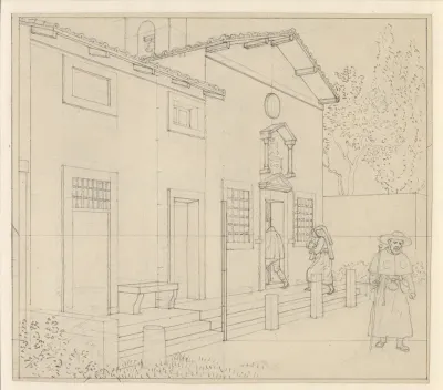 Linearperspektiven anvendt paa Malerkunsten - Udkast til ikke anvendt illustration - Foran en sydlandsk kirke.
