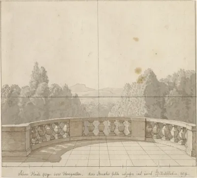 Linearperspektiven, anvendt paa malerkunsten - udkast til ikke anvendt illustration - Udsigt fra sydlandsk terrasse.