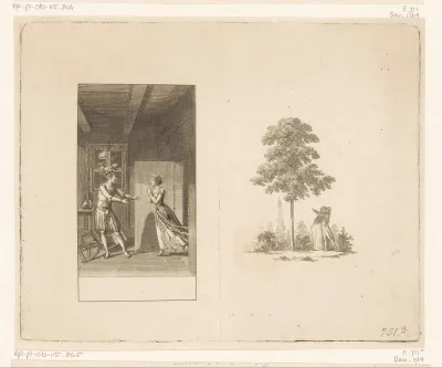 Links Nanette en Albert in de blokhut en rechts een man en vrouw onder een grote boom
