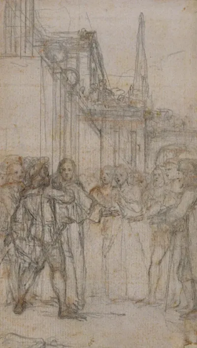 Literary Illustration: Man with Sword Confronting Group of Figures Before Building