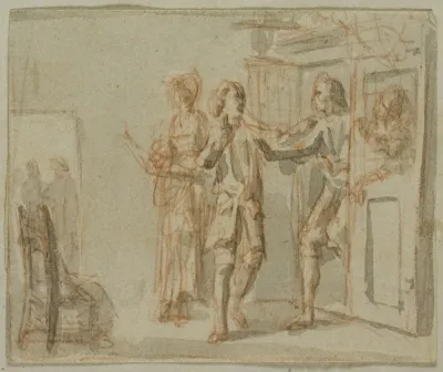 Literary Illustration: Two Men and Woman in Interior