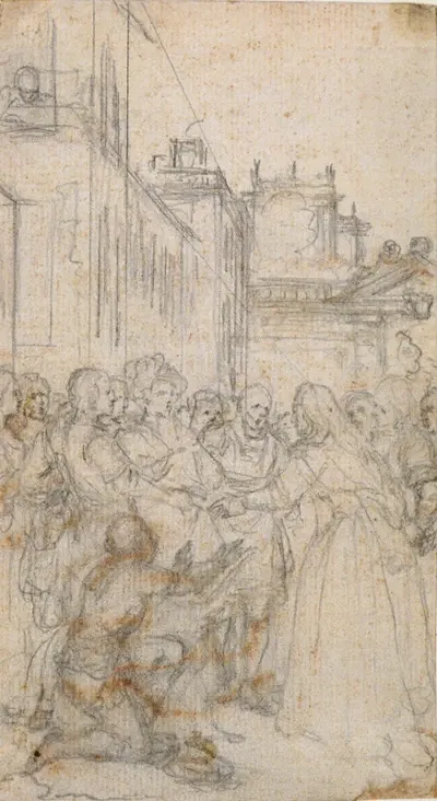 Literary Illustration with Group of Figures Pleading with Man