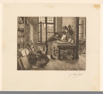 Lithograaf aan het werk in zijn werkplaats