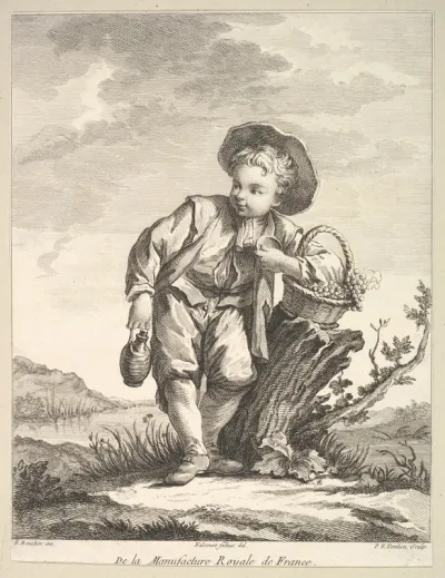 Little boy holding a basket of grapes, from "Deuxième Livre de Figures d'après les porcelaines de la Manufacture Royale de France" (Second Book of Figures after porcelains from the Manufacture Royale de France)