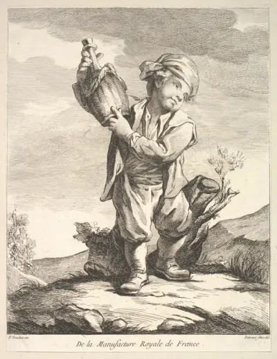 Little boy holding a vessel, from "Premier Livre de Figures d'après les porcelaines de la Manufacture Royale de France, inventées en 1757, par Mr. Boucher" (First Book of Figures after porcelains from the Manufacture Royale de France, devised in 1757