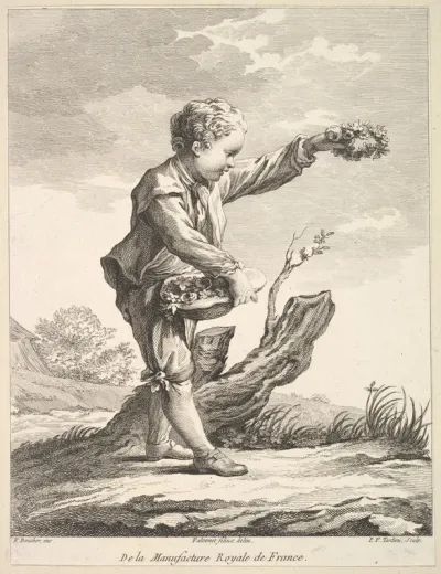 Little boy holding a wreath and basket of flowers, from "Deuxième Livre de Figures d'après les porcelaines de la Manufacture Royale de France" (Second Book of Figures after porcelains from the Manufacture Royale de France)